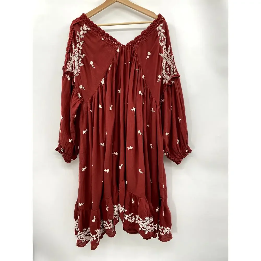 Free People Maroon Embroidered Flowy Boho Midi Dress